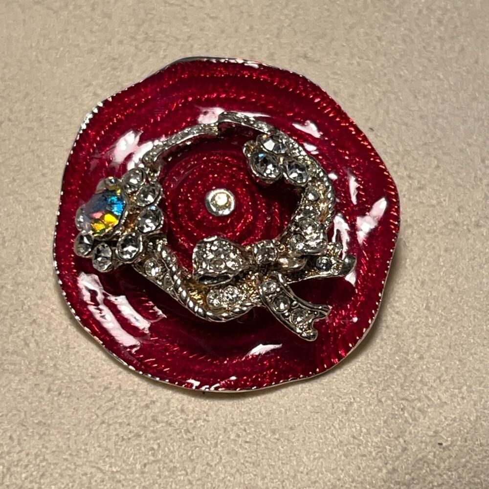 Vintage Red Hat Society Brooch Pin Crystal Hat Bow Accent Red Enamel 1.5"